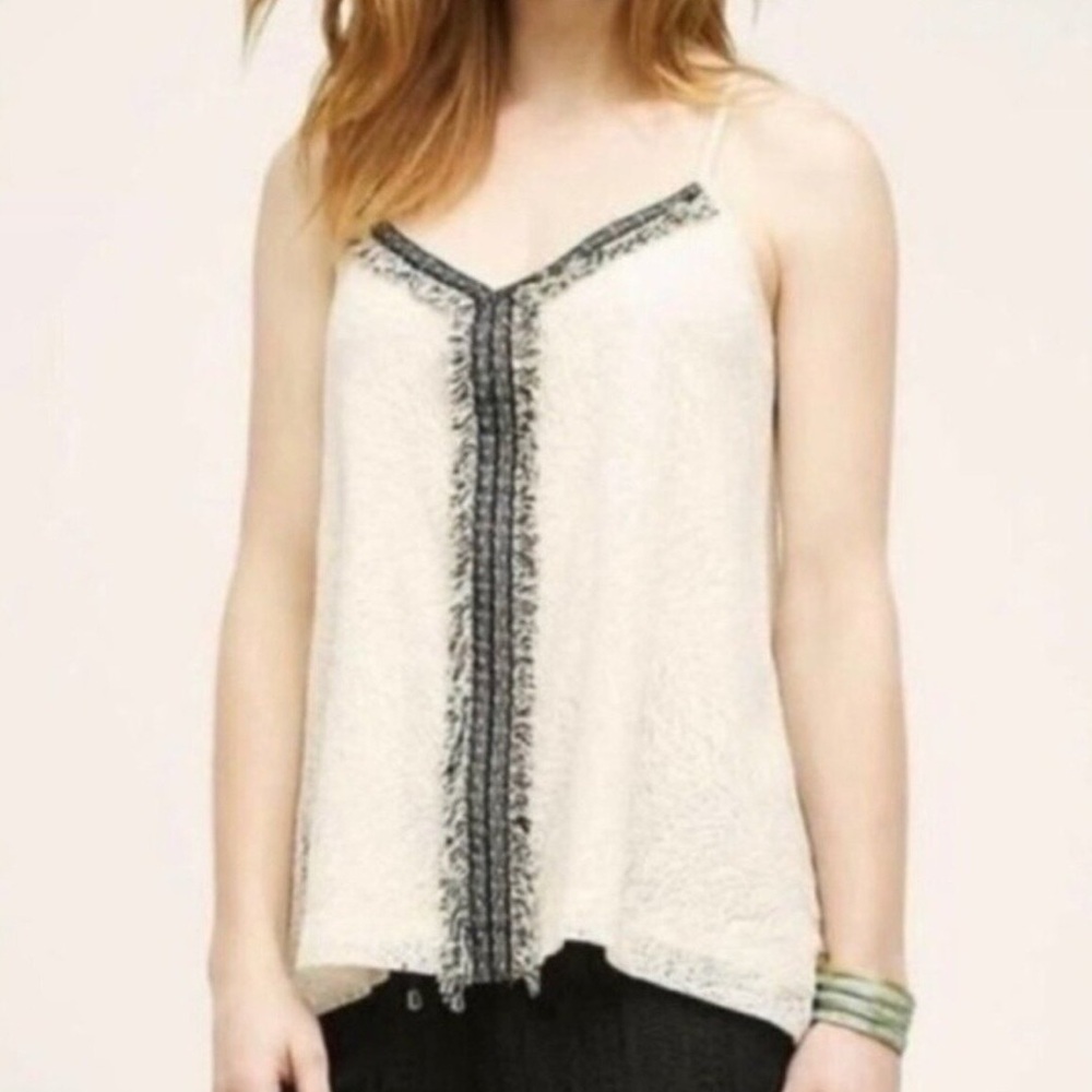 Anthropologie Akemi + Kin Crossroads Tank Lace Fringe, ivory black Size medium